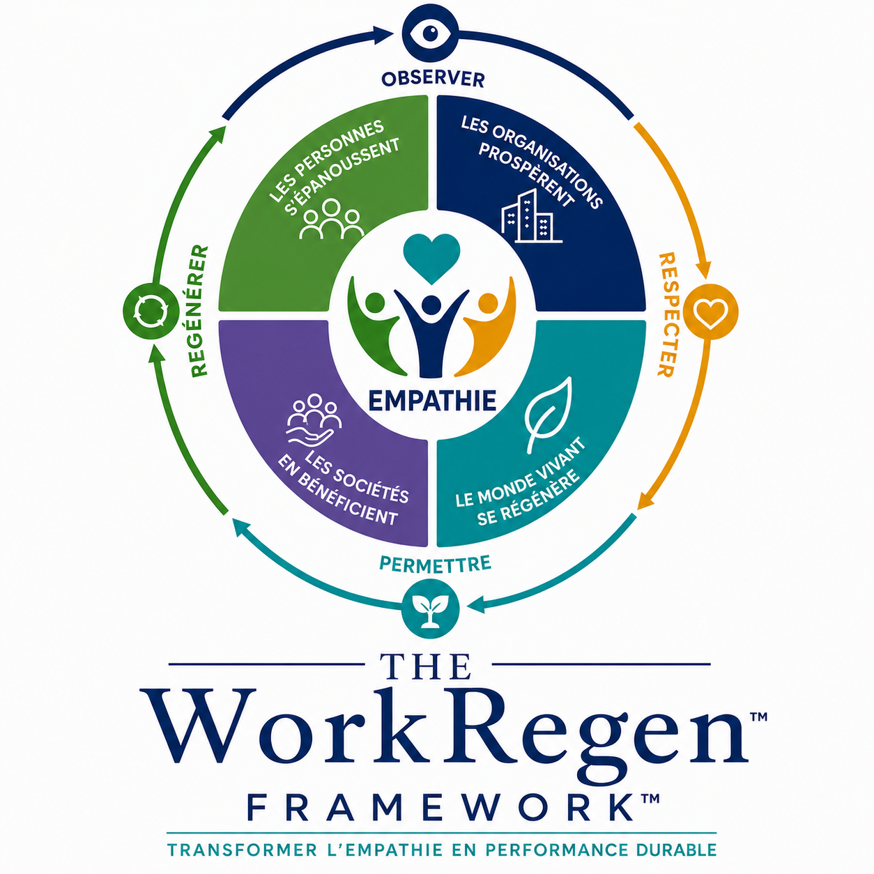 Le WorkRegen Framework™ — Observer, Respecter, Permettre, Régénérer — transformer l'empathie en performance durable.